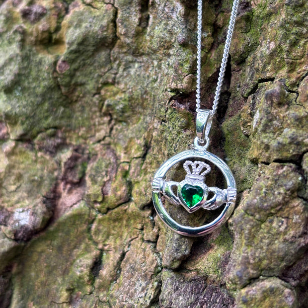 Sterling Silver Round Claddagh with green CZ stone