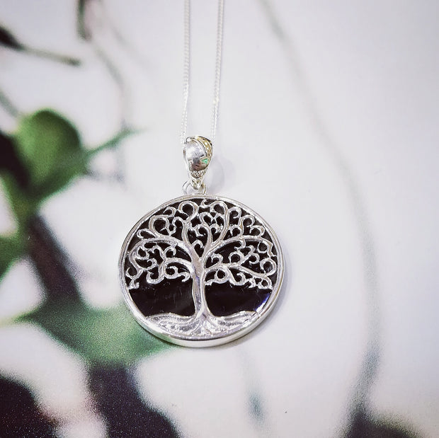 Sterling Silver Onyx Detailed Tree Pendant